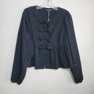 Velvet Heart Peplum Top Womens Large black bling Bow Puff Sleeve Cotton